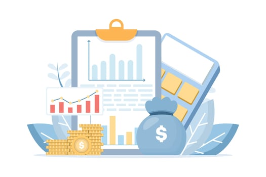 Financial analysis tools with charts and money vector