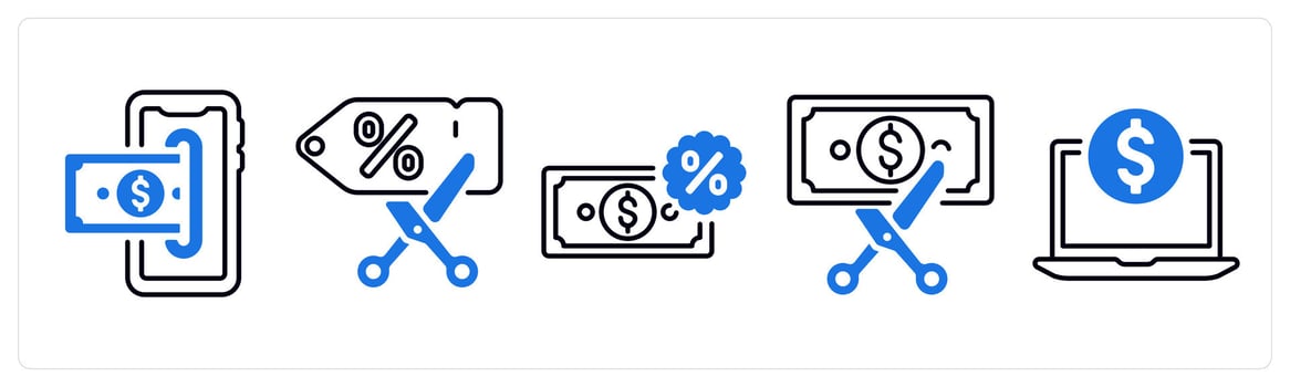 A set of 5 mix icons as insert money, coupon code, cash discount in blue color vector