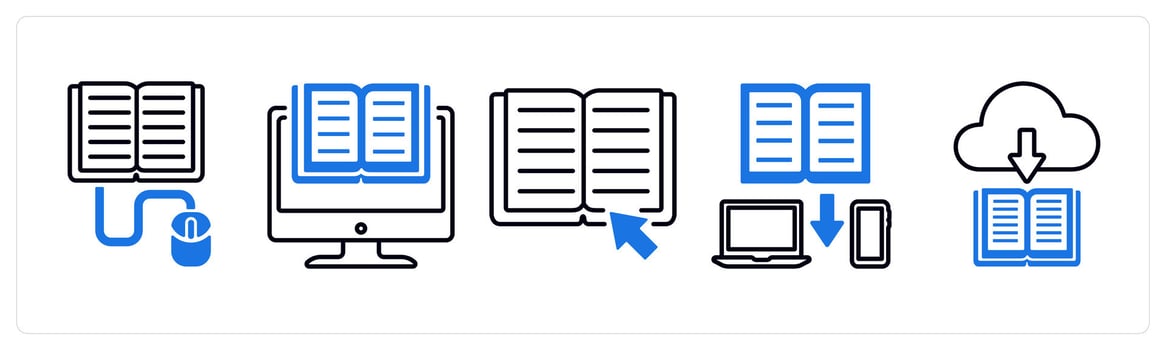 A set of 5 mix icons as online study, e learning, online education in blue color vector