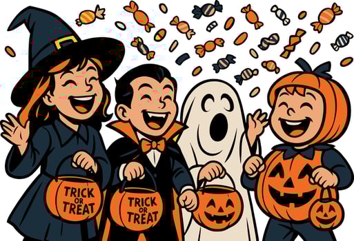 halloween kids with candy bags and halloween costumes vector