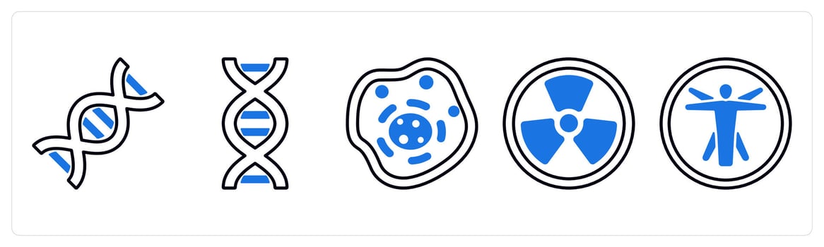 A set of 5 mix icons as dna, biology, nuclear in blue color vector