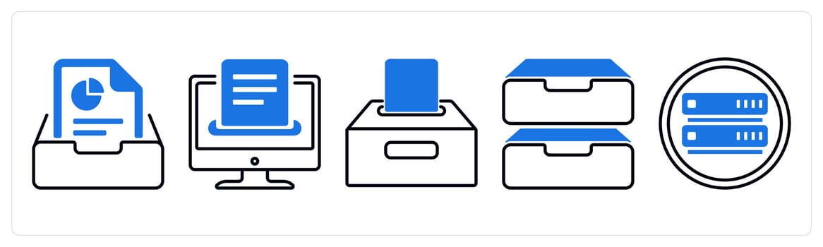 A set of 5 mix icons as save document, save, save in drive in blue color vector