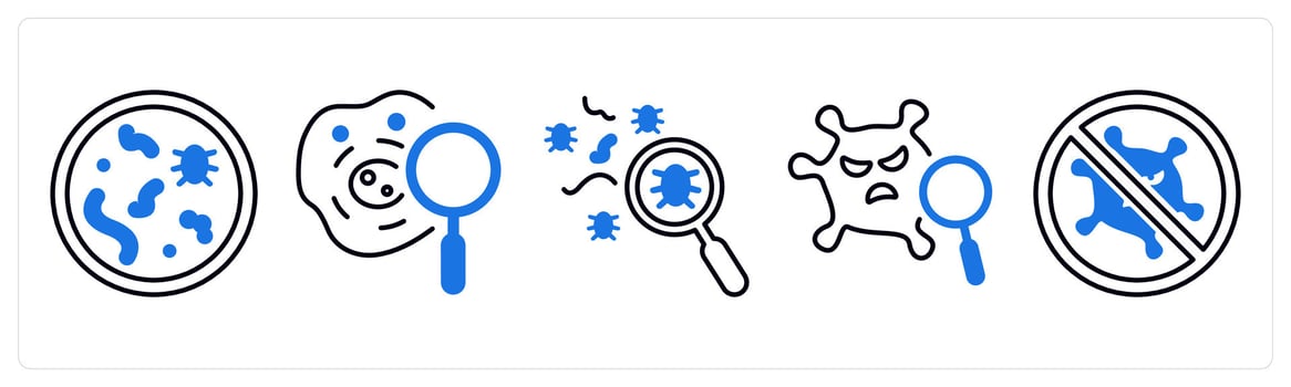 A set of 5 mix icons as bacteria, biochemistry, search infection in blue color vector