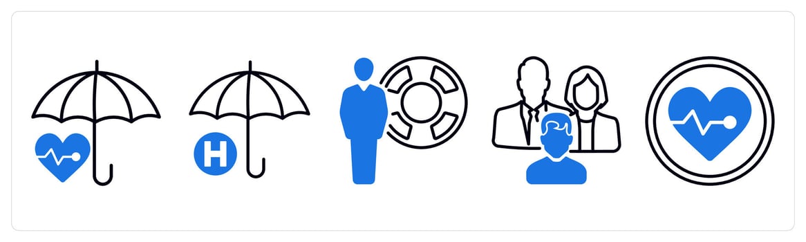 A set of 5 mix icons as heart care, health insurance, life insurance in blue color vector