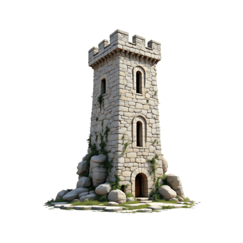 Isolated 3D render of a medieval stone tower on rocks. png