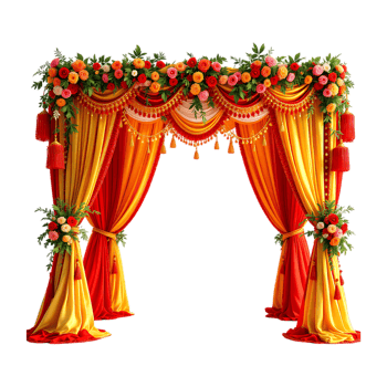 Vibrant wedding stage with floral decorations and drapes. png