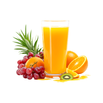Glass of orange juice with fresh fruits. png