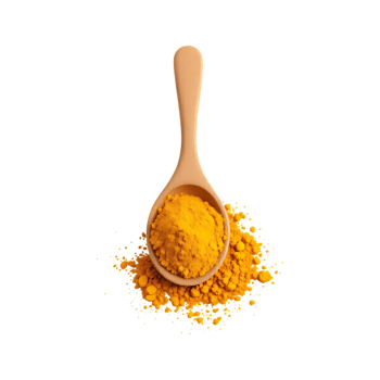 Ground turmeric in a wooden spoon. Spice, food, ingredient. png