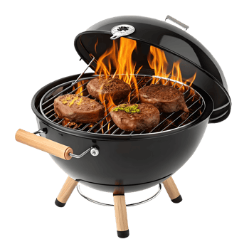 Grilling Perfection Delicious Steaks Sizzling on a Portable Charcoal Grill with Flames Transparent Background png
