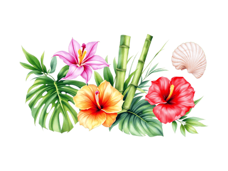 Vibrant hibiscus, lilies, bamboo, and seashells. Perfect for summer designs. png