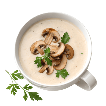 Creamy Mushroom Soup in White Bowl with Parsley Garnish on , Culinary Delight, Appetizing Still Life Transparent Background png