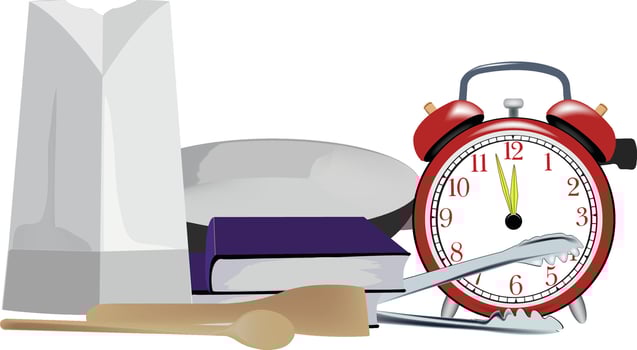 Lunch time is approaching with kitchen utensils and food bag vector