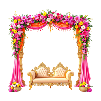 Ornate wedding mandap decorated with vibrant flowers and a luxurious couch. png