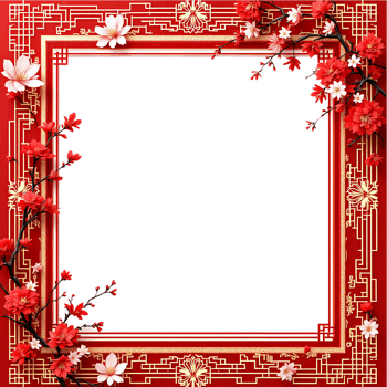 Elegant square frame with red and gold Chinese patterns and cherry blossoms. png