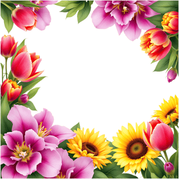 Floral frame with tulips, sunflowers, and lilies. png