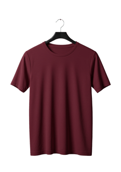 A plain maroon short sleeve t shirt hanging on a black hanger isolated on transparent background png