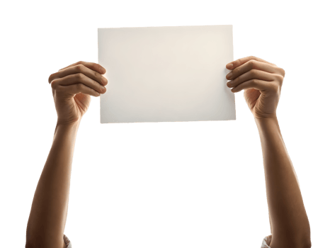 Person Holding Blank White Paper Overhead, Arms Raised, Bright Light Studio, Demonstrating, Presenting, Mockup, Advertisement Transparent Background png