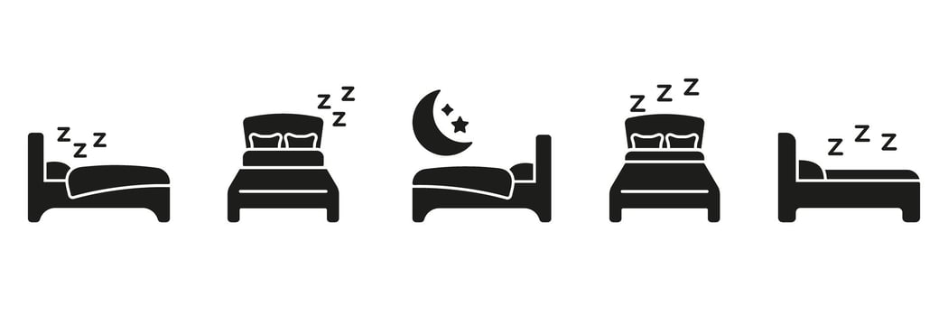 Sleeping Bed And Moon Solid Icon Set. Rest, Sleep, And Nighttime Silhouette Symbol Collection. Bedroom Comfort And Relaxation. Isolated Illustration vector