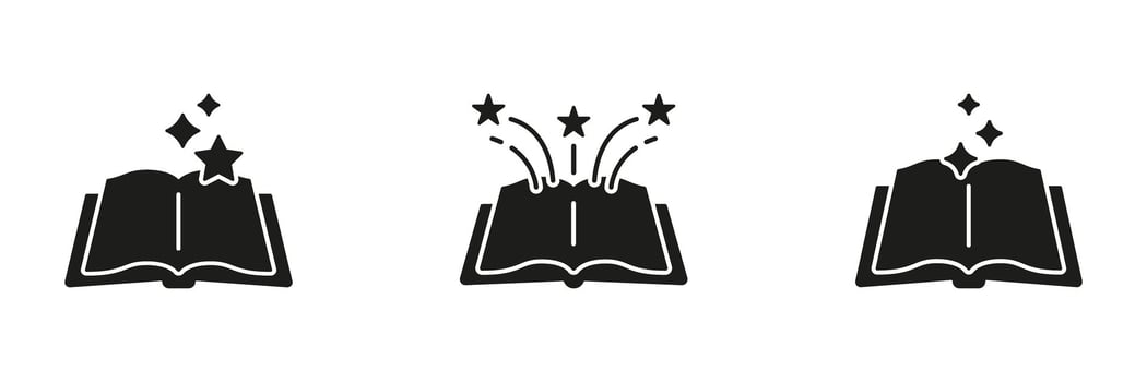 Open Book With Stars Solid Icon Set. Imagination, Creativity, And Knowledge Explosion Silhouette Symbol Collection. Educational Inspiration And Fantasy Concept. Isolated Illustration vector