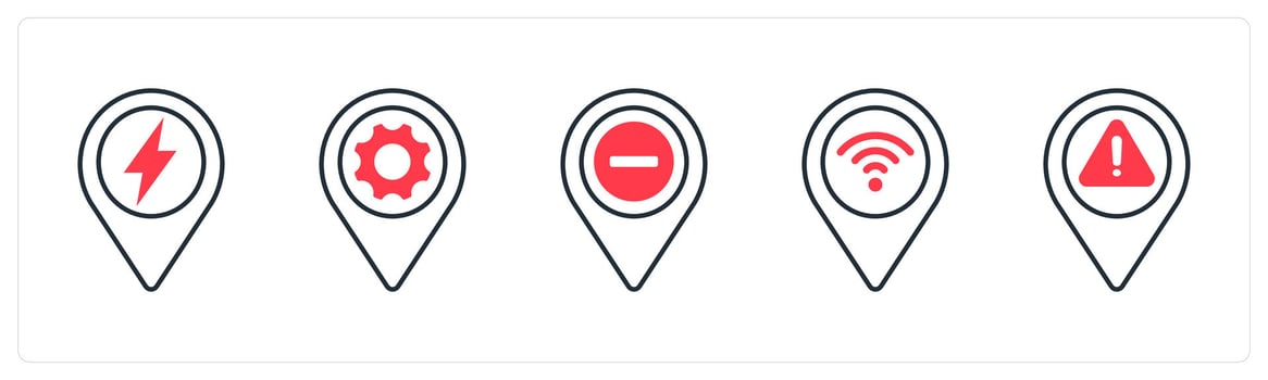 A set of 5 mix icons as electricity, options, trash in red color vector