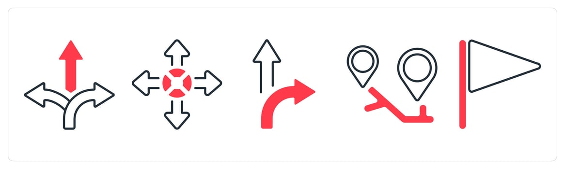 A set of 5 mix icons as pathway, arrow direction, path in red color vector