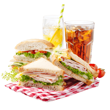 Joyful Picnic Scene with Delicious Sandwiches and Refreshing Drinks on Green Grass png