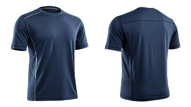 Navy Blue Activewear TShirt Display Front and Back View on , Performance Apparel, Workout Clothing Transparent Background png