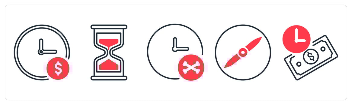 A set of 5 mix icons as time is money, sand glass, deadline in red color vector