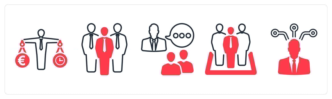 A set of 5 mix icons as balanaced money, group, communication in red color vector