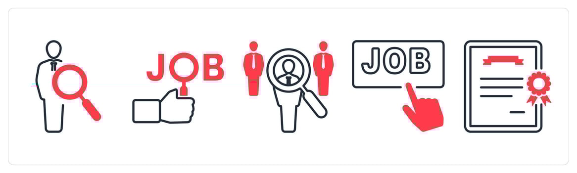 A set of 5 mix icons as search employee, search job, job hunt in red color vector