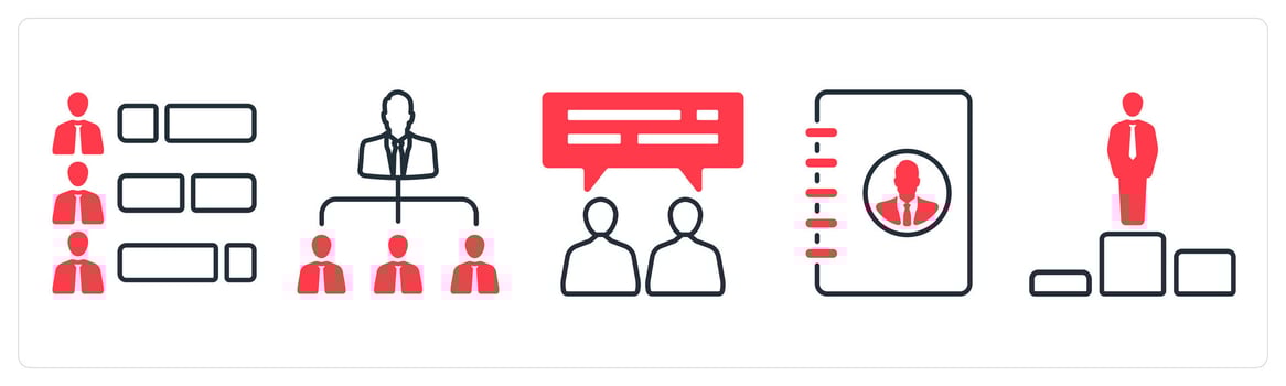 A set of 5 mix icons as ability, hierarchy, training in red color vector