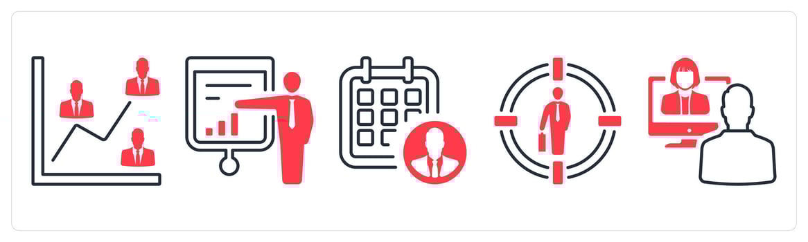 A set of 5 mix icons as report, presentation, employee calendar in red color vector