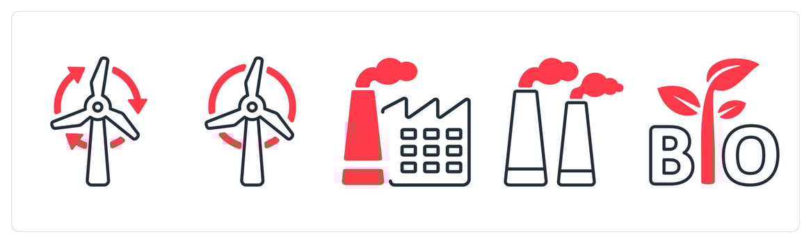 A set of 5 mix icons as wind energy, factory pollution, bio in red color vector