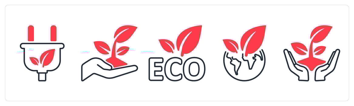A set of 5 mix icons as green energy, plant, eco in red color vector