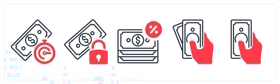 A set of 5 mix icons as loan term, secured loan, loan in red color vector