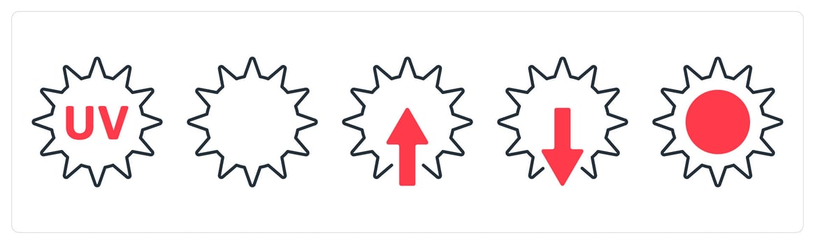 A set of 5 mix icons as uv rays, sun, sunrise in red color vector