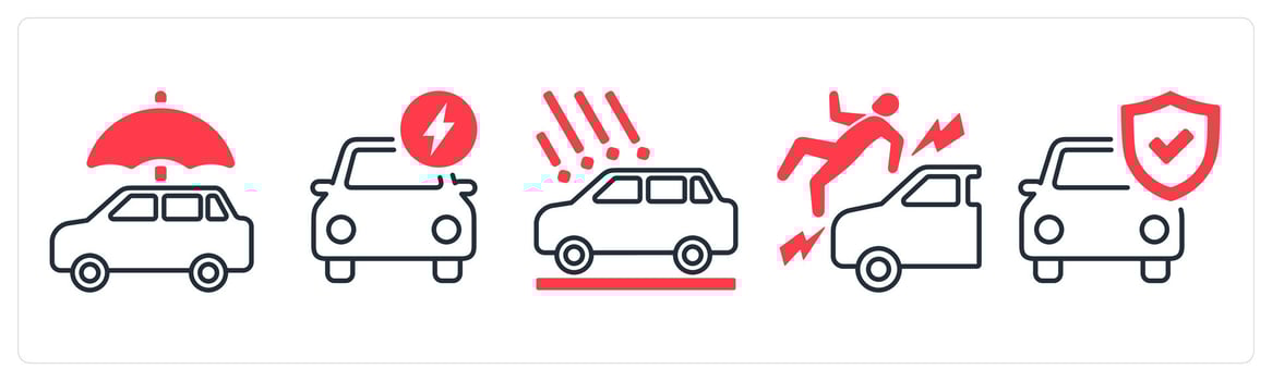 A set of 5 mix icons as car insurance, fast claim, car accident in red color vector