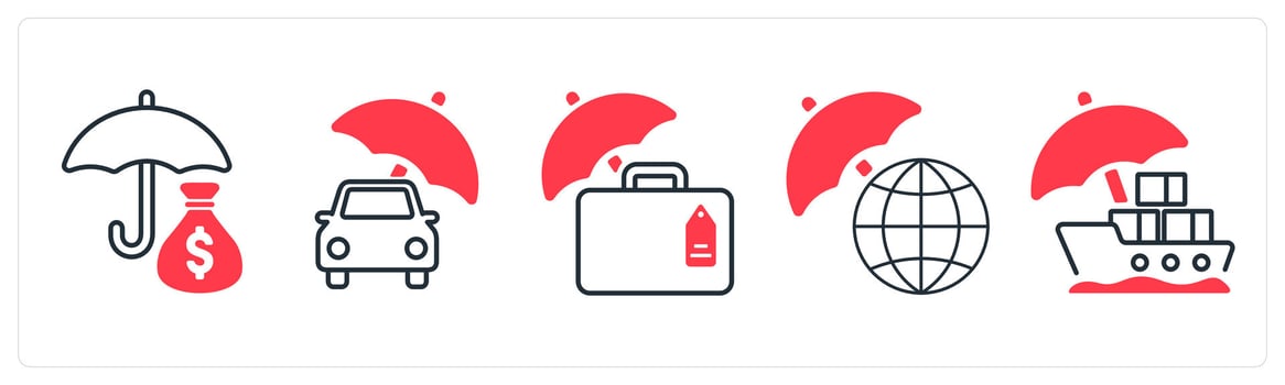A set of 5 mix icons as investment insurance, vehicle insurance, travel insurance in red color vector