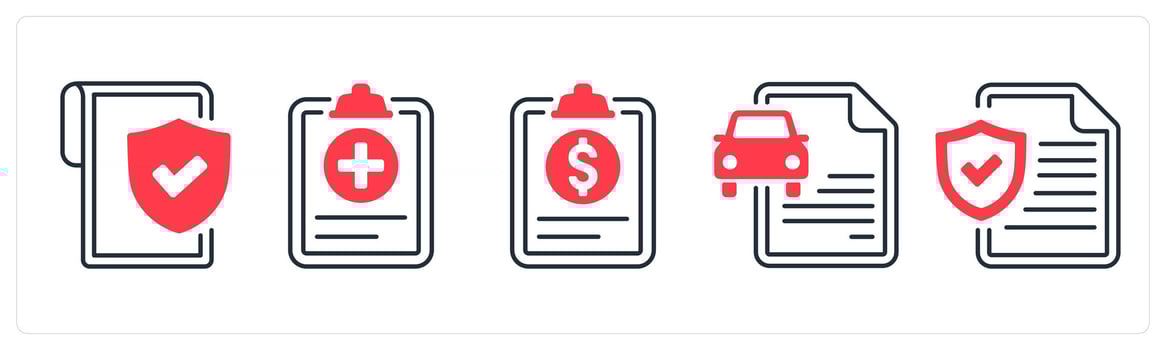 A set of 5 mix icons as insurance policy document, insurance cover, issurance claim in red color vector