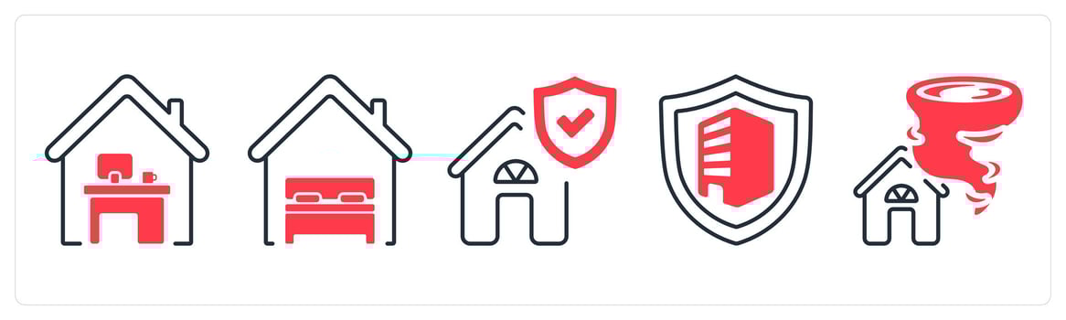 A set of 5 mix icons as personal insurance, property insurance, house protection insurance in red color vector
