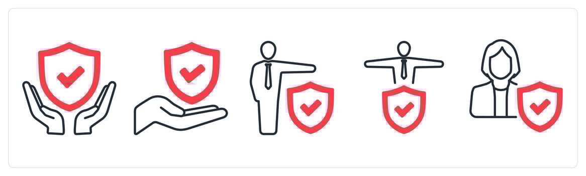 A set of 5 mix icons as insurance protection, employement insurance, insured person in red color vector