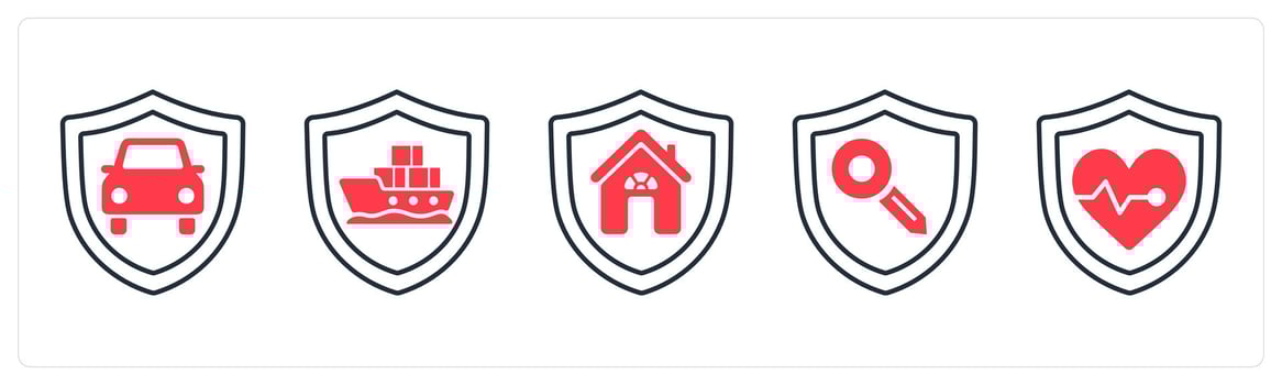 A set of 5 mix icons as car insurance, marine insurance, property insurance in red color vector
