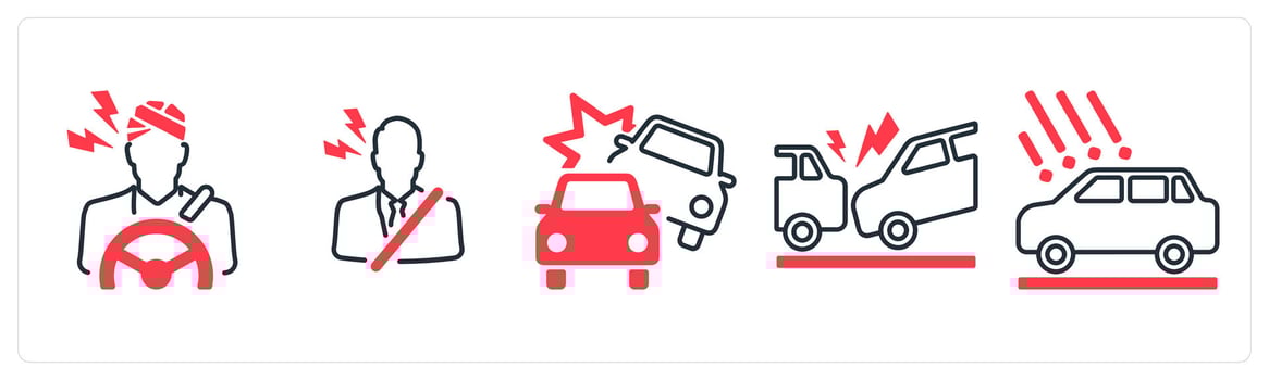 A set of 5 mix icons as driver injury, driver insurance, car accidental in red color vector