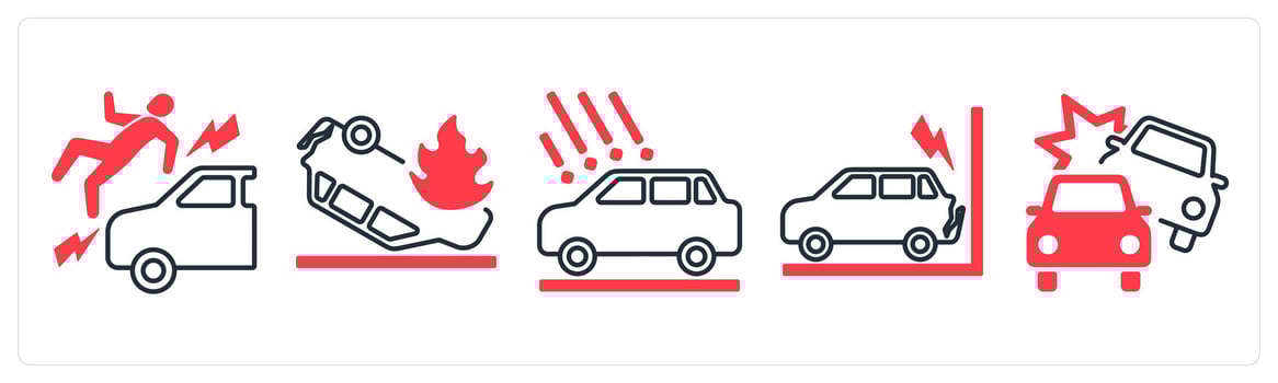 A set of 5 mix icons as accident injury, car fire accident, car accident in red color vector
