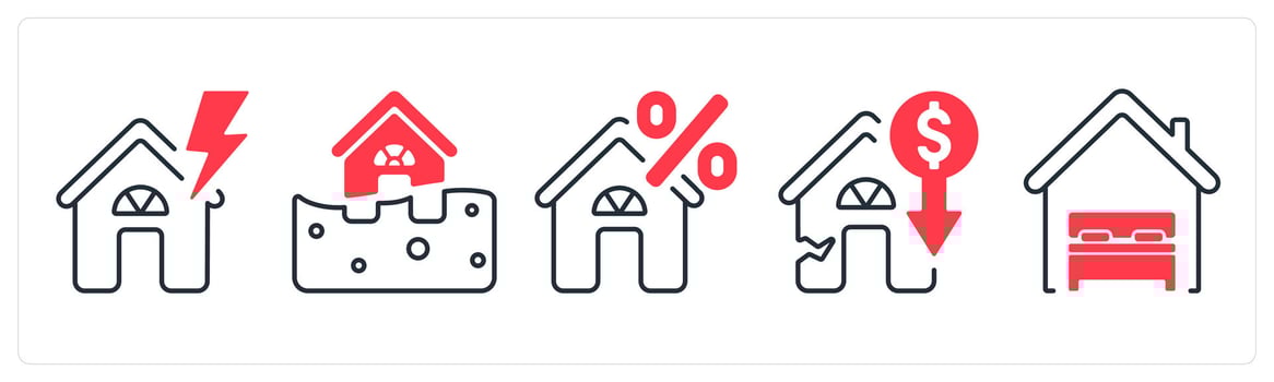 A set of 5 mix icons as thunderstrom insurance, flood insurance, home loan interest rate in red color vector