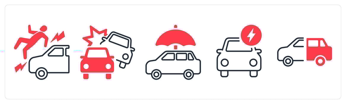 A set of 5 mix icons as accident injury, car accidental, car insurance in red color vector