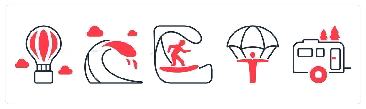 A set of 5 mix icons as hot air balloon, waves, surfing in red color vector