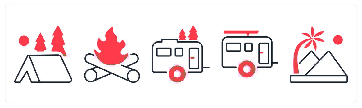 A set of 5 mix icons as camping, bonfire, sea in red color vector