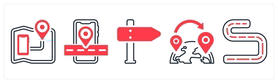 A set of 5 mix icons as travel map, location finder, direction in red color vector