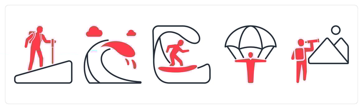 A set of 5 mix icons as hiking, waves, surfing in red color vector